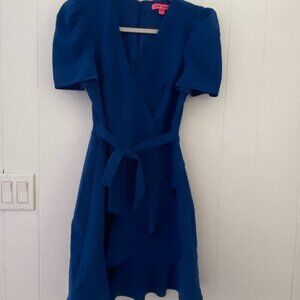 Betsey Johnson Royal Blue Puff Sleeve Faux Wrap Ruffle Trim Dress Size 6